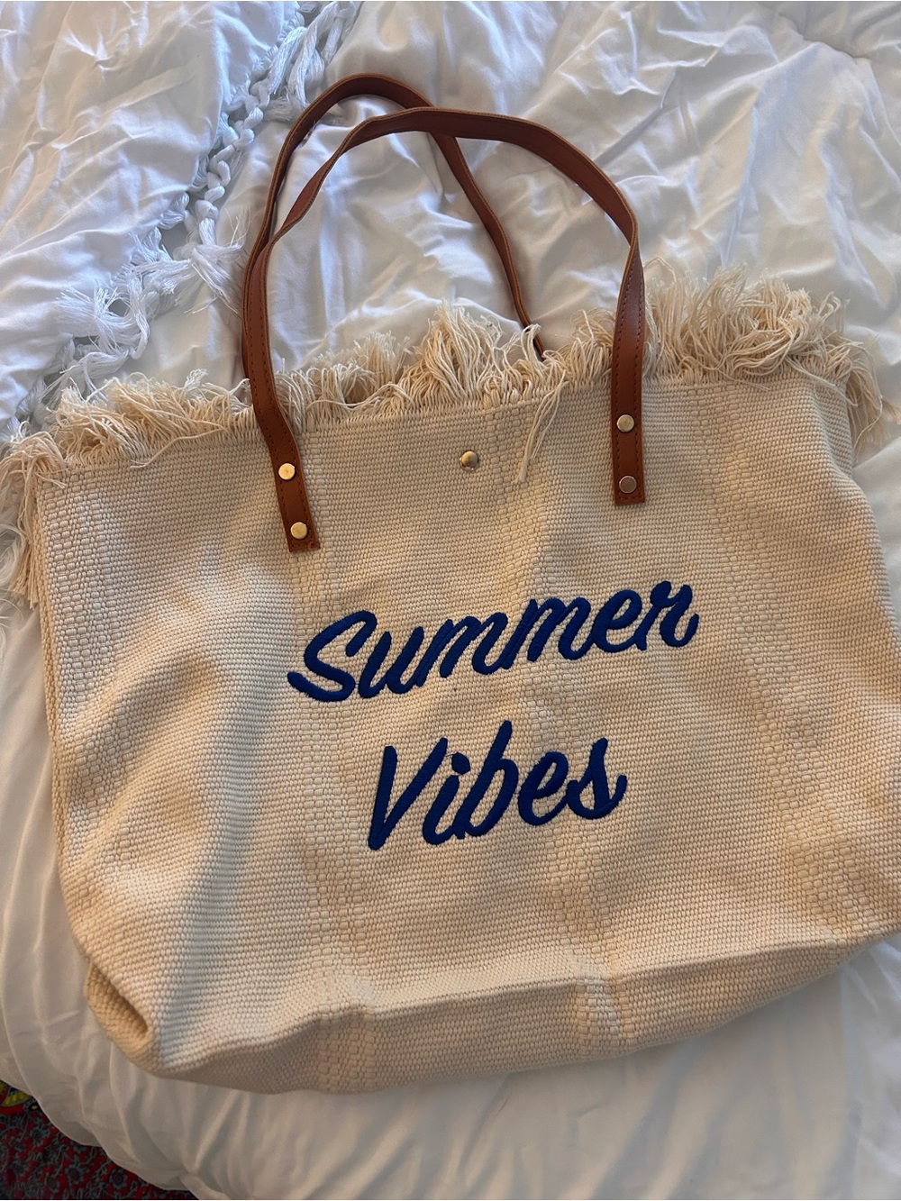 Summer beach Tote Bag with Blue Script